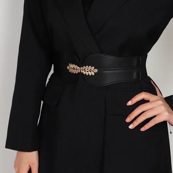 2/$30 Elastic Stretch Black Belt Pu Leather Gold Leaf Buckle For Dress Coats - Picture 1 of 8